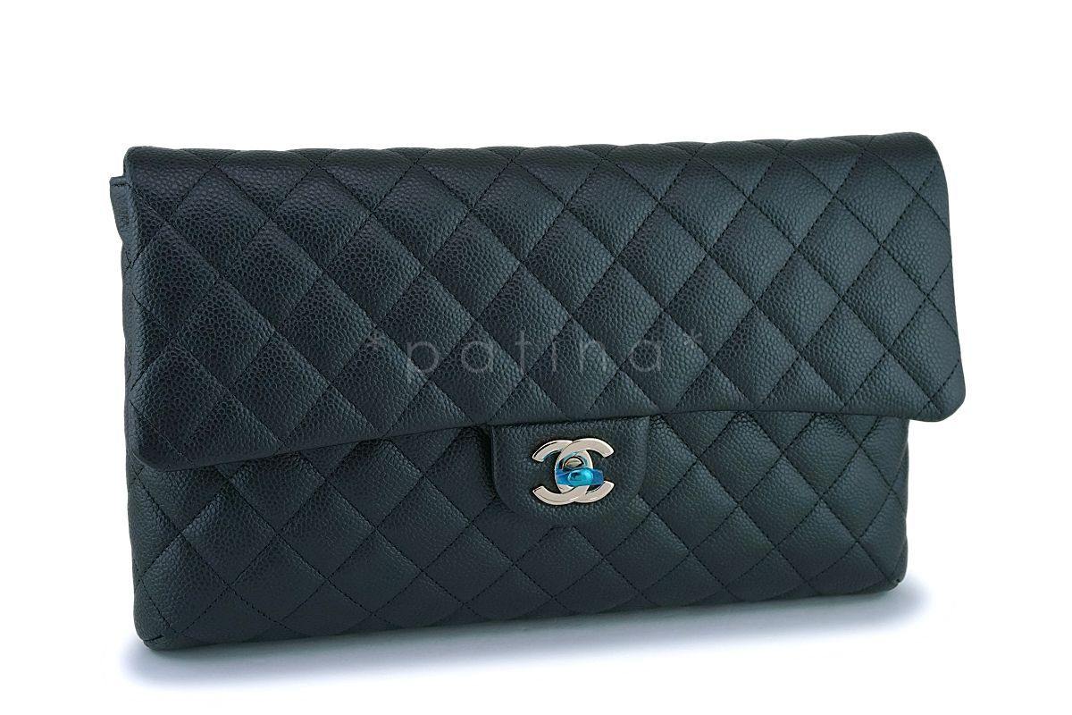 NIB 18S Chanel Iridescent Charcoal Gray Caviar Timeless Classic Clutch Bag GHW