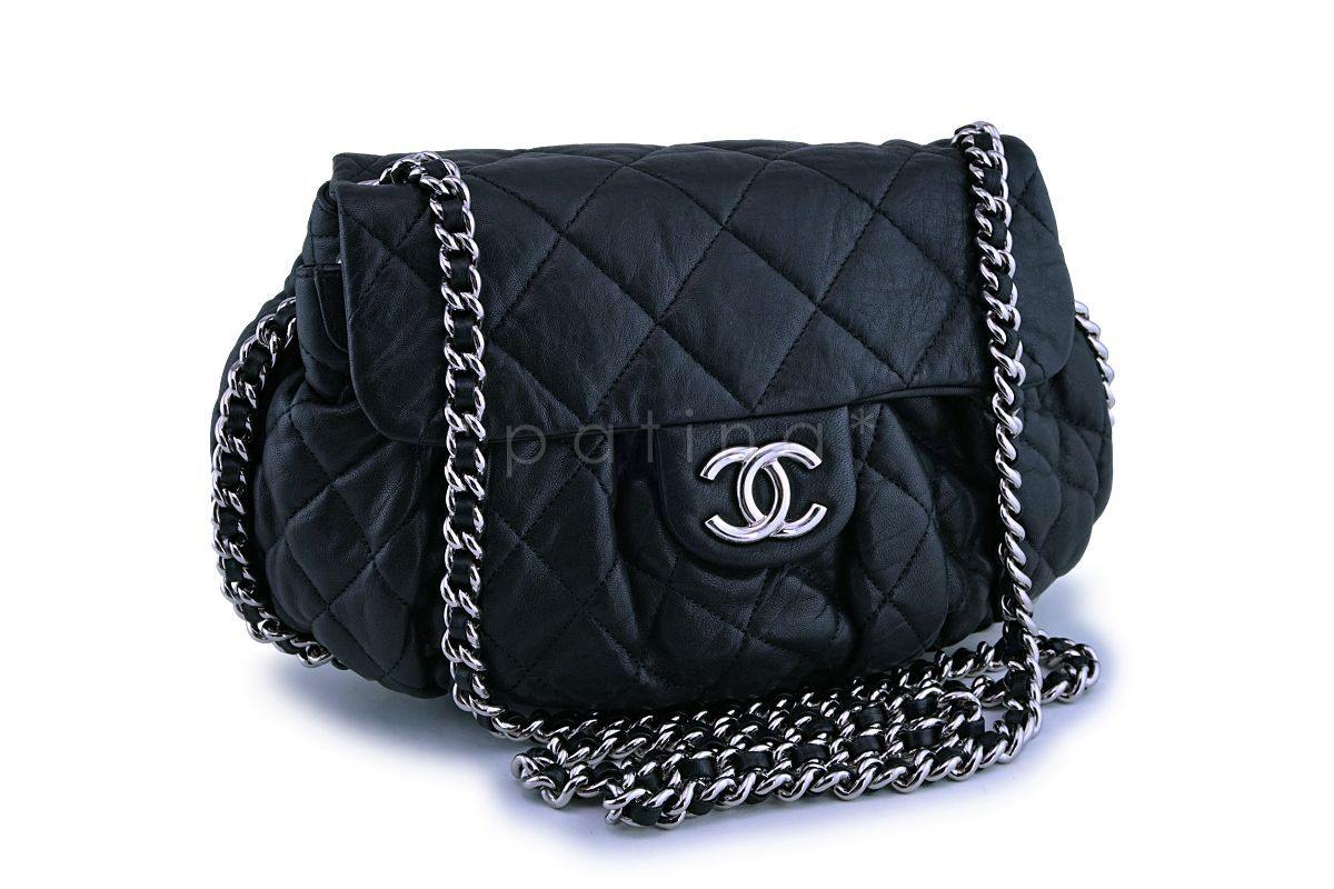 Chanel Black Textured Calf Medium Chain Around Crossbody Flap Bag SHW