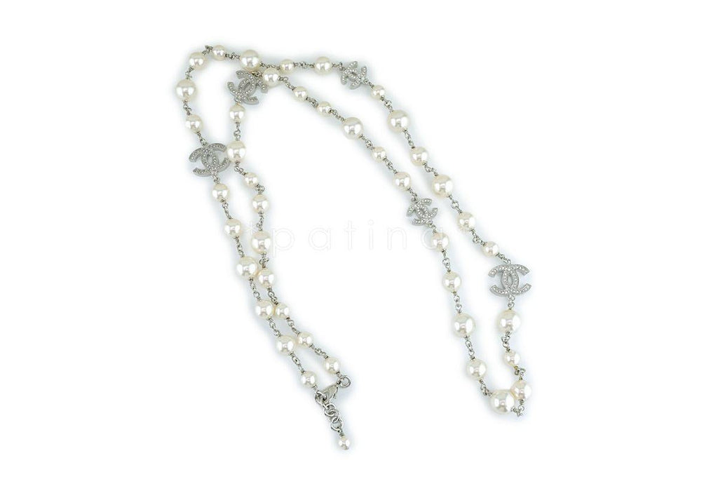 NIB Chanel Timeless Classic 42" 5-Crystal CC Pearl Long Necklace SHW A36121