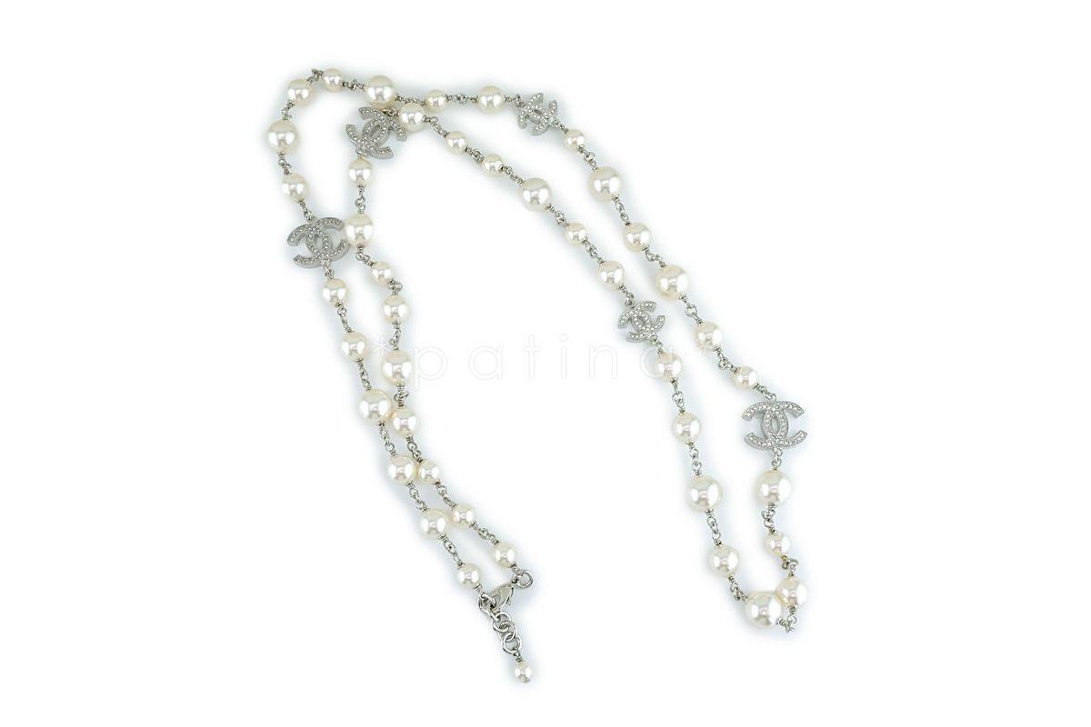 NIB Chanel Timeless Classic 42" 5-Crystal CC Pearl Long Necklace SHW A36121