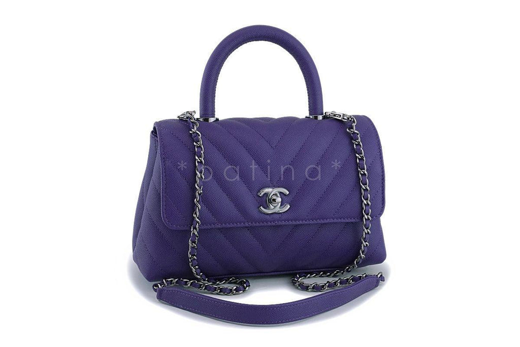 NIB 19K Chanel Purple Caviar Small Coco Handle Chevron Flap Bag RHW