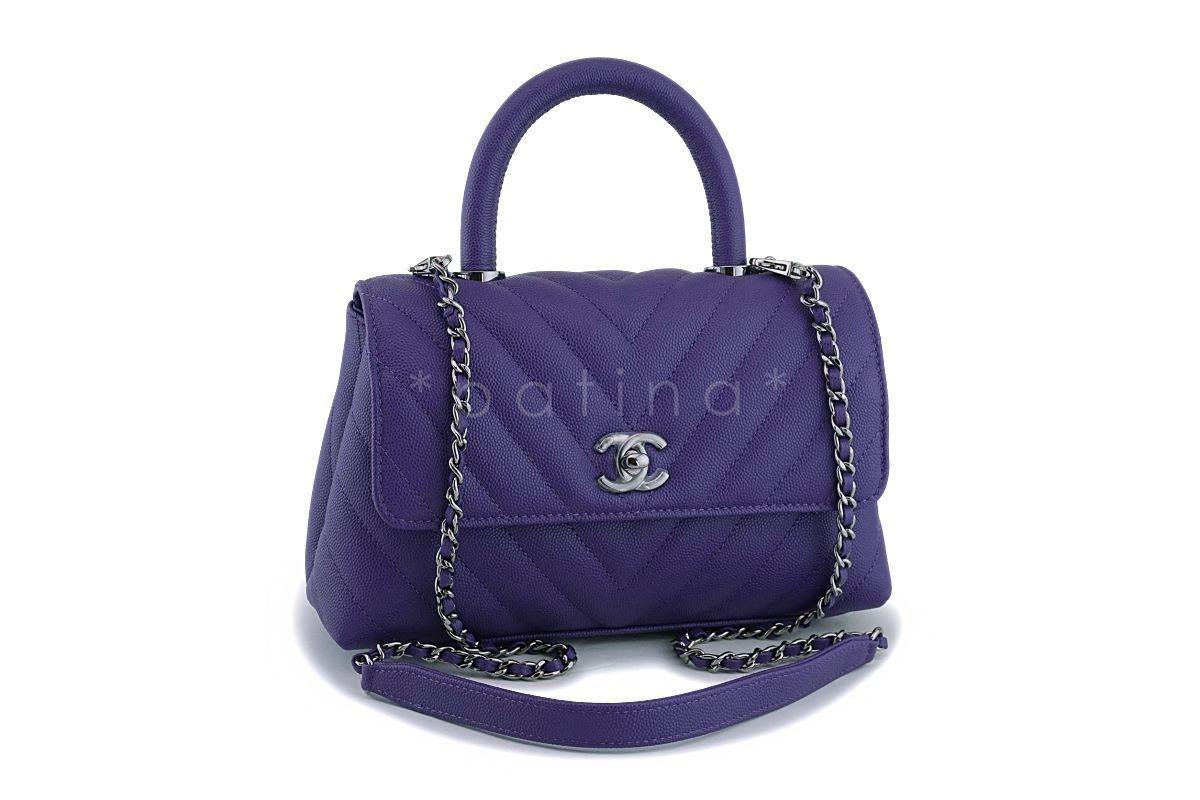 NIB 19K Chanel Purple Caviar Small Coco Handle Chevron Flap Bag RHW