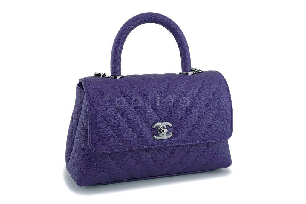 NIB 19K Chanel Purple Caviar Small Coco Handle Chevron Flap Bag RHW
