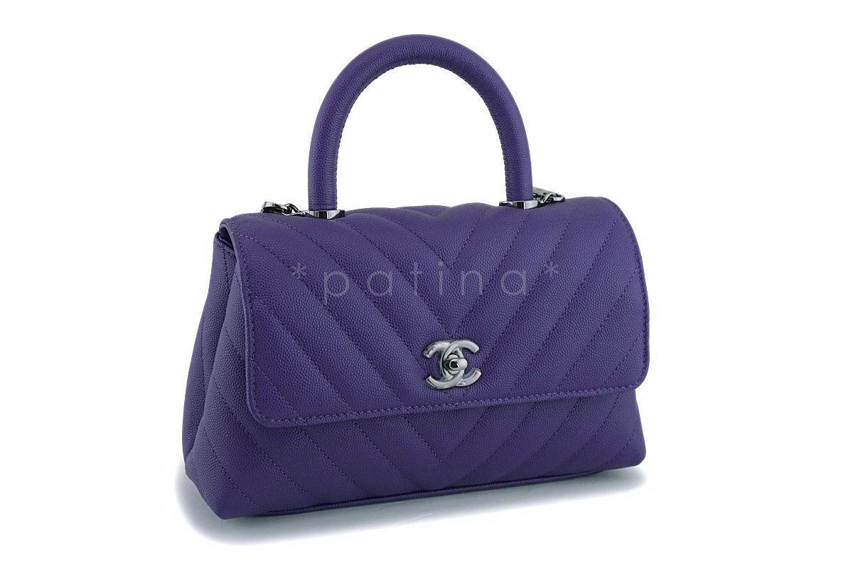 NIB 19K Chanel Purple Caviar Small Coco Handle Chevron Flap Bag RHW