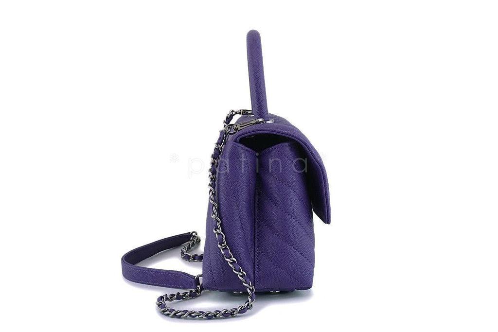 NIB 19K Chanel Purple Caviar Small Coco Handle Chevron Flap Bag RHW