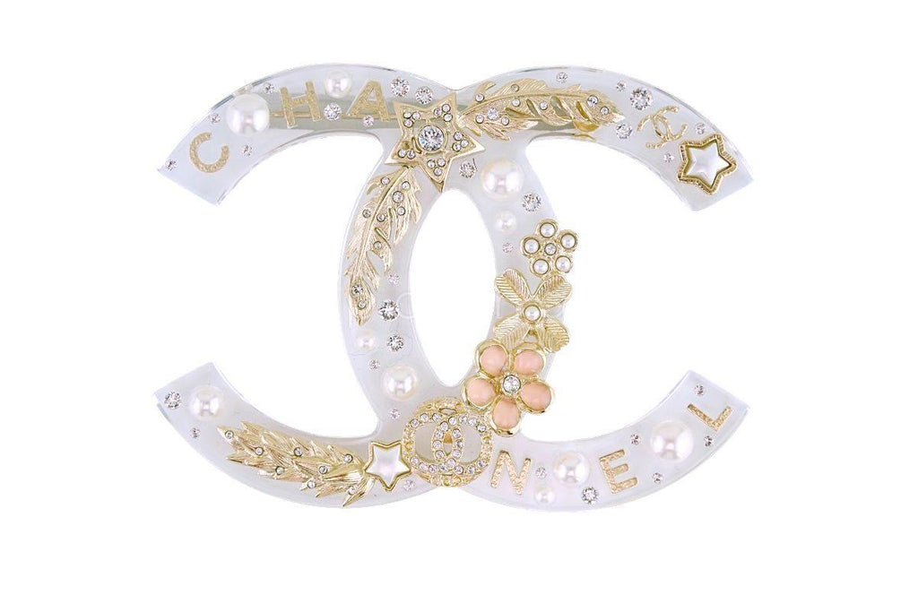 Rare NIB 19K Chanel X/XL Clear Resin Pearl Giant CC Crystal Brooch GHW