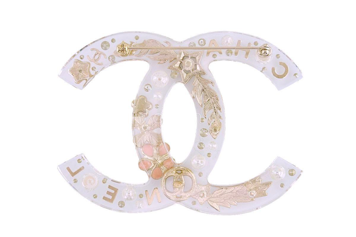 Rare NIB 19K Chanel X/XL Clear Resin Pearl Giant CC Crystal Brooch GHW
