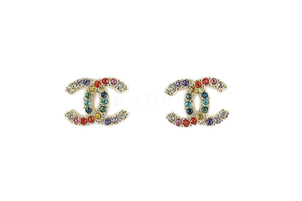 NIB 19S Chanel Rainbow Multicolor Crystal Classic CC Stud Earrings GHW AB1552 879
