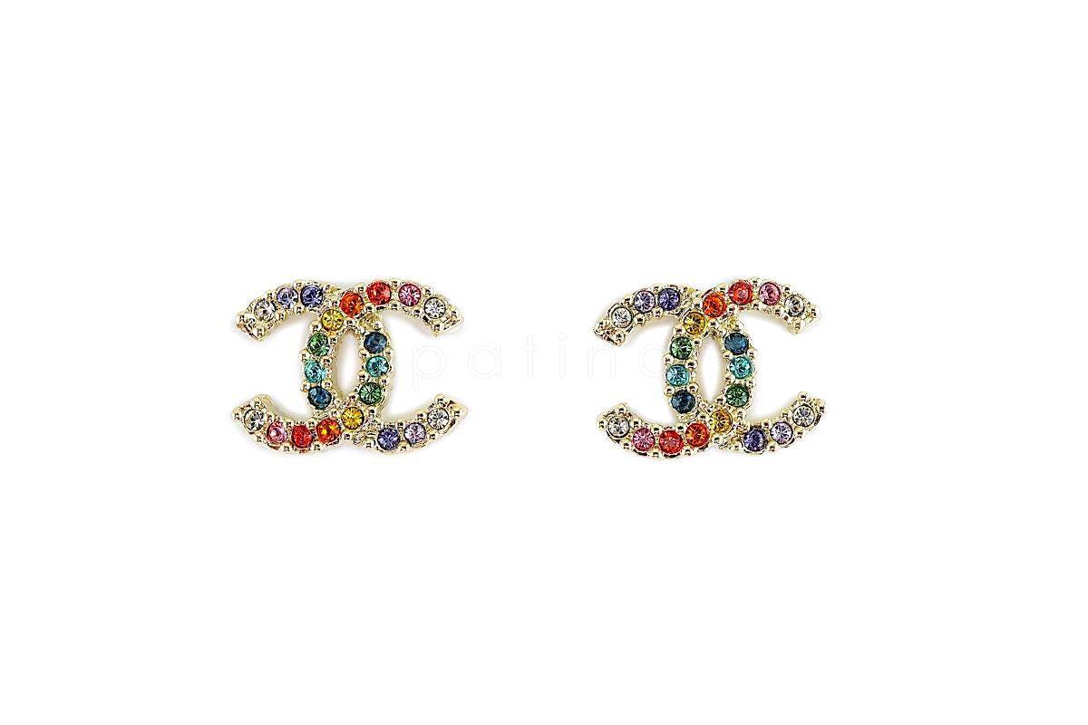 NIB 19S Chanel Rainbow Multicolor Crystal Classic CC Stud Earrings GHW AB1552 879