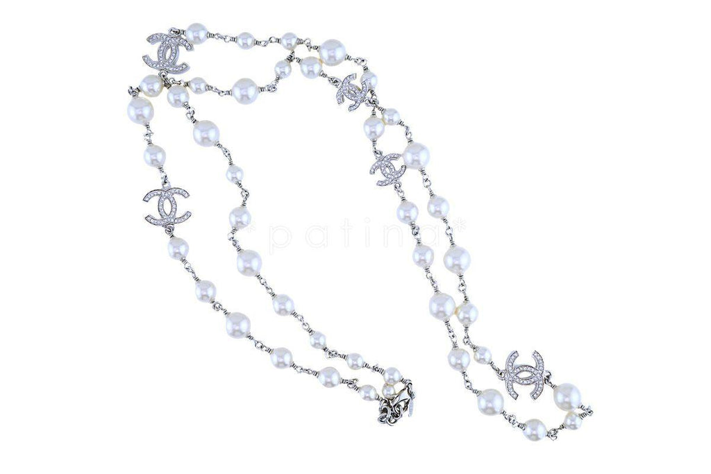Chanel Timeless Classic 42" 5 Crystal CC Pearl Long Necklace SHW