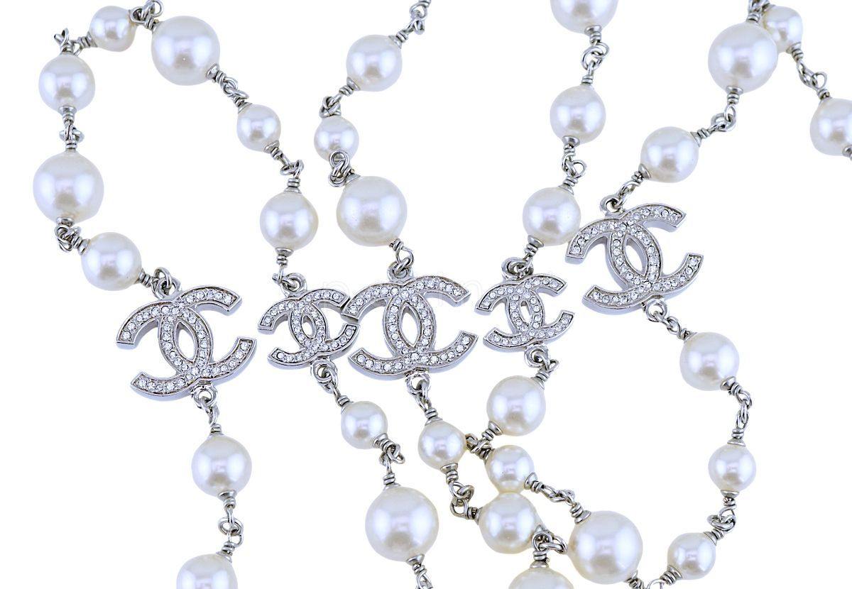 Chanel Timeless Classic 42" 5 Crystal CC Pearl Long Necklace SHW
