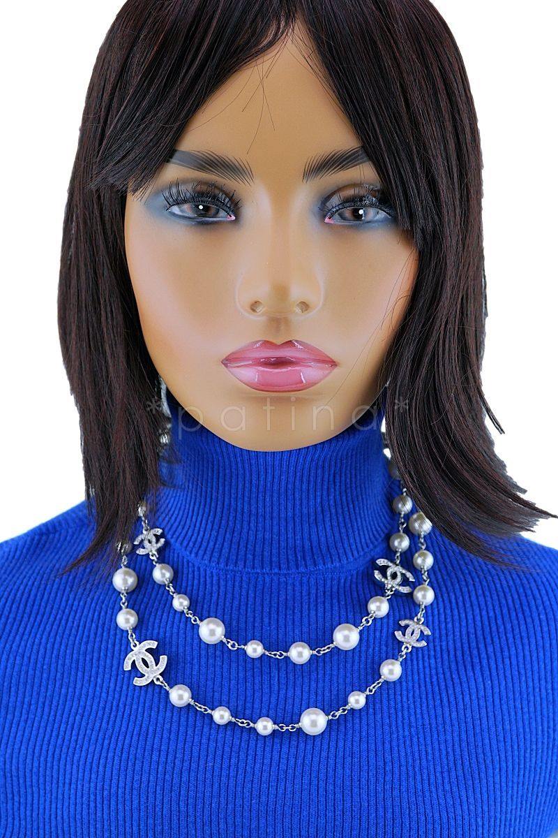 Chanel Timeless Classic 42" 5 Crystal CC Pearl Long Necklace SHW