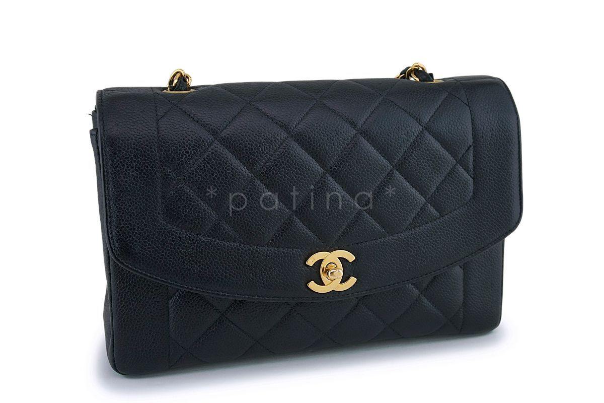 Rare Chanel Vintage Black Caviar Medium Pocket Diana Classic Flap Bag 24k GHW