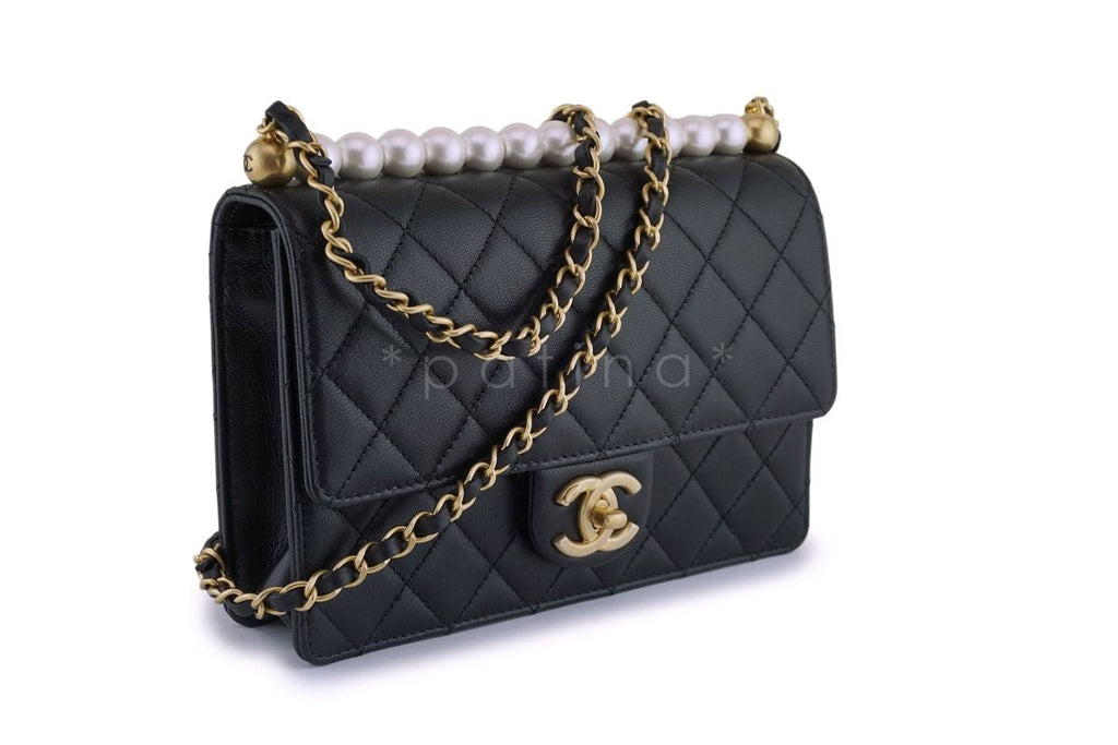 NIB 19S Chanel Black Lambskin Chic Pearls Classic Limited Mini Pearl Flap Bag GHW
