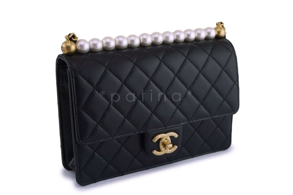 NIB 19S Chanel Black Lambskin Chic Pearls Classic Limited Mini Pearl Flap Bag GHW
