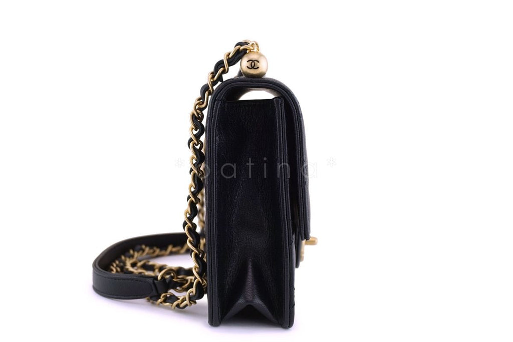 NIB 19S Chanel Black Lambskin Chic Pearls Classic Limited Mini Pearl Flap Bag GHW
