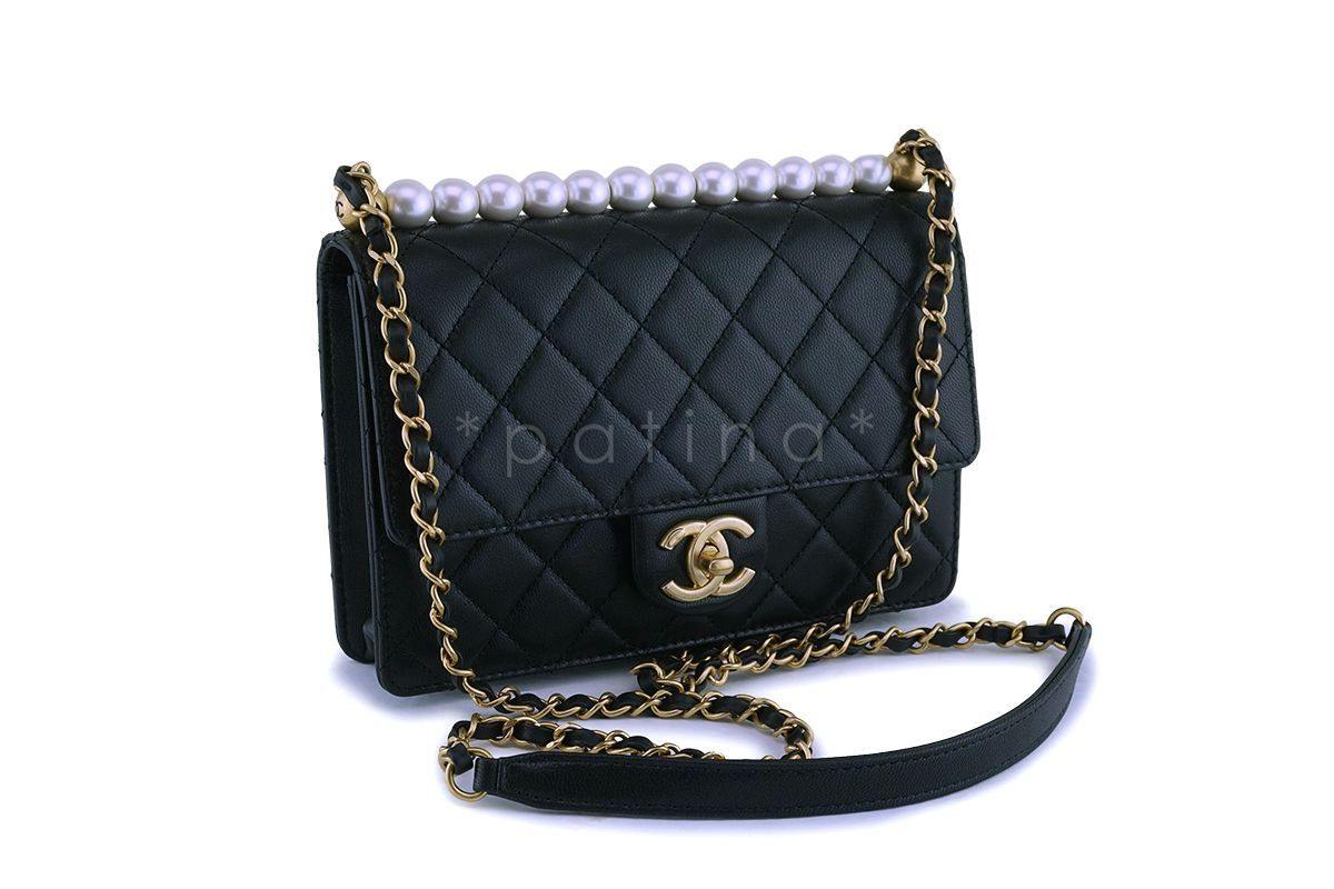 NIB 19S Chanel Black Lambskin Chic Pearls Classic Limited Mini Pearl Flap Bag GHW