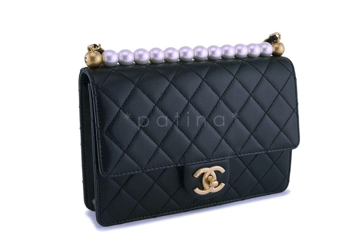 NIB 19S Chanel Black Lambskin Chic Pearls Classic Limited Mini Pearl Flap Bag GHW