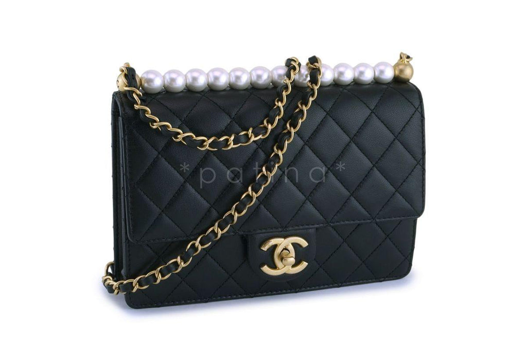 NIB 19S Chanel Black Lambskin Chic Pearls Classic Limited Mini Pearl Flap Bag GHW