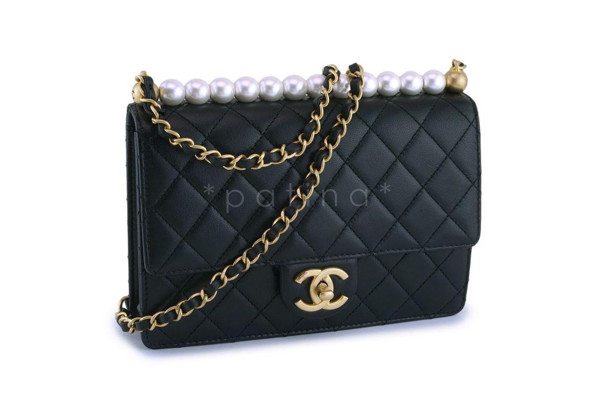 NIB 19S Chanel Black Lambskin Chic Pearls Classic Limited Mini Pearl Flap Bag GHW