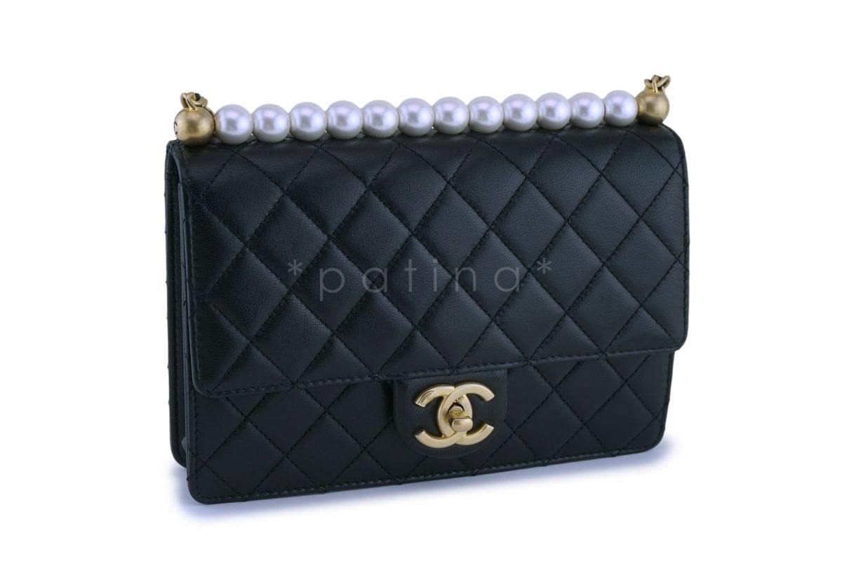 NIB 19S Chanel Black Lambskin Chic Pearls Classic Limited Mini Pearl Flap Bag GHW