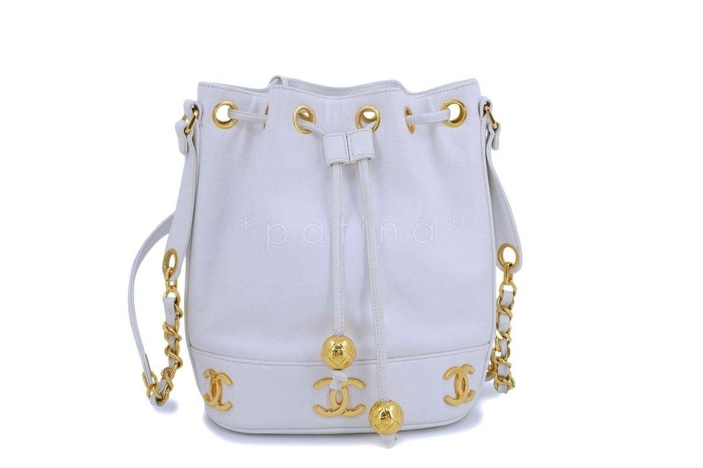 Chanel Vintage White Caviar Small Drawstring Tote Bag 24k GHW