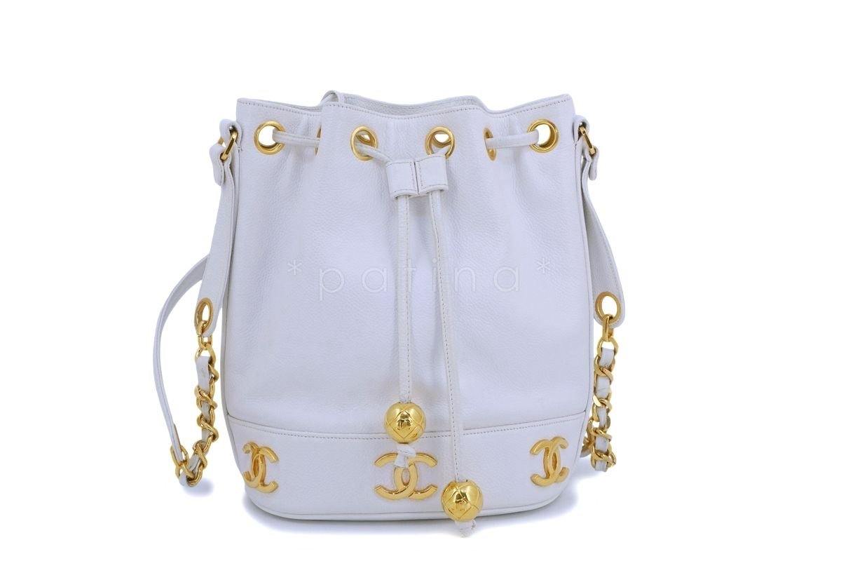 Chanel Vintage White Caviar Small Drawstring Tote Bag 24k GHW