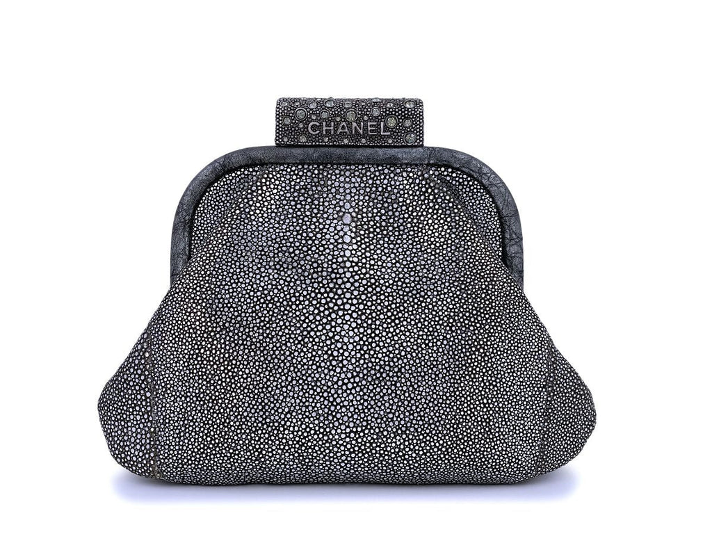 Chanel Limited Stingray Crystals Degrade Framed Evening Clutch Bag Silver