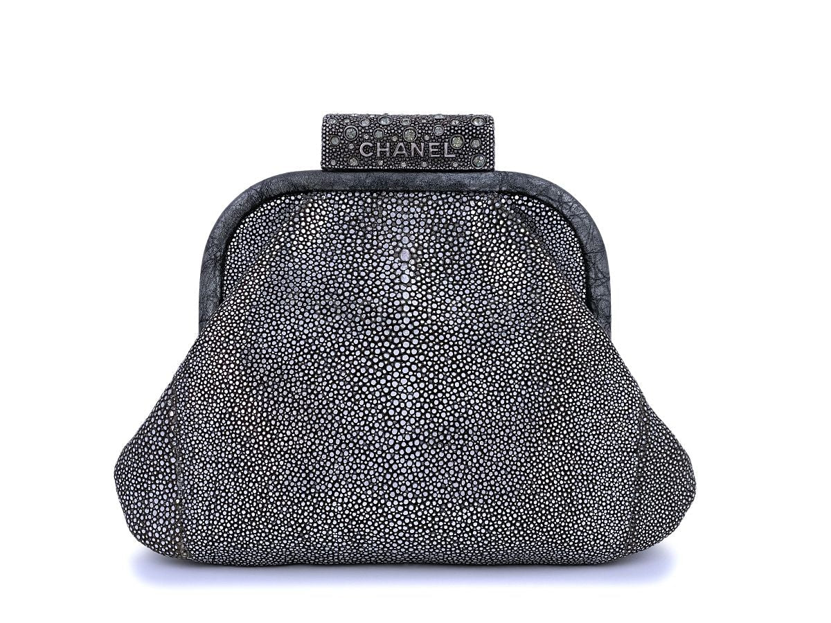 Chanel Limited Stingray Crystals Degrade Framed Evening Clutch Bag Silver