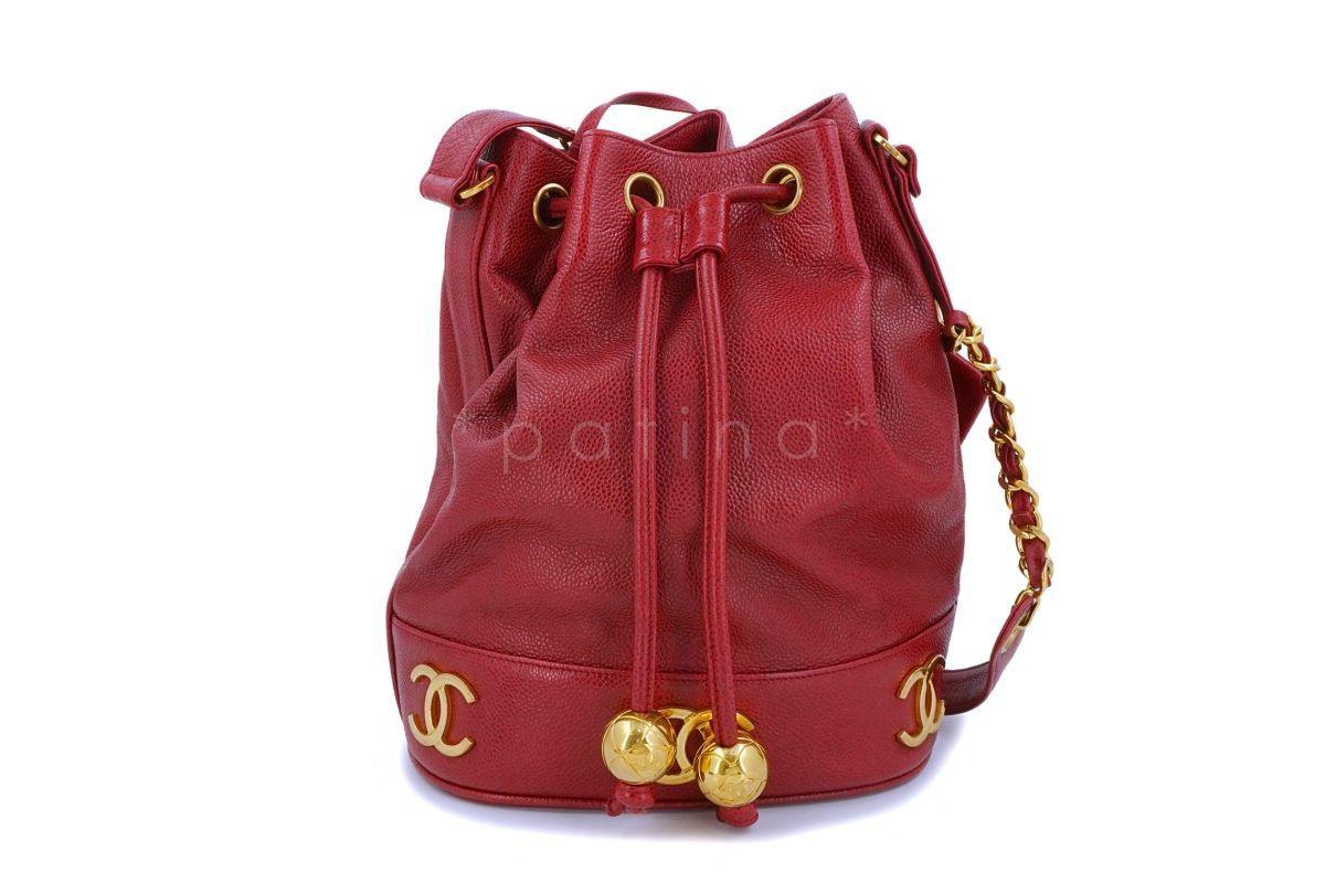 Chanel Vintage Red Caviar Drawstring Bucket Bag 24k GHW