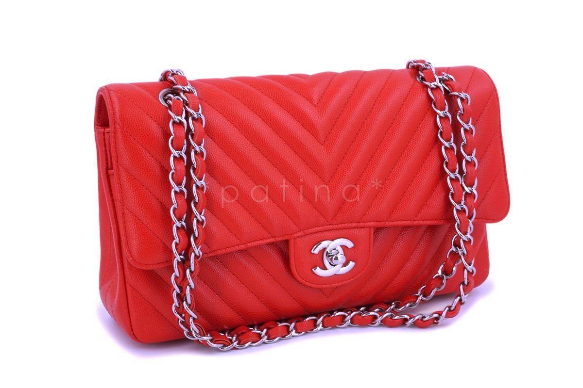 Chanel Red Caviar Medium Chevron Classic Double Flap Bag SHW