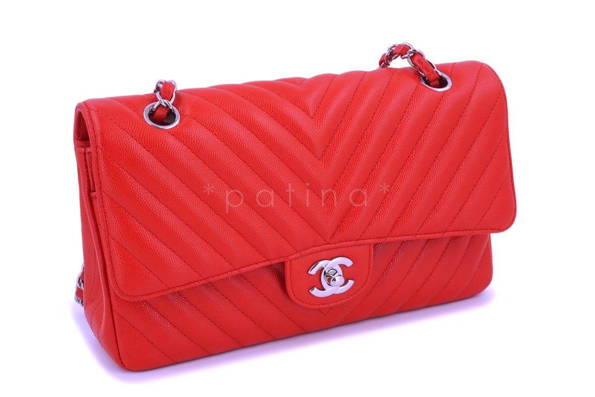 Chanel Red Caviar Medium Chevron Classic Double Flap Bag SHW