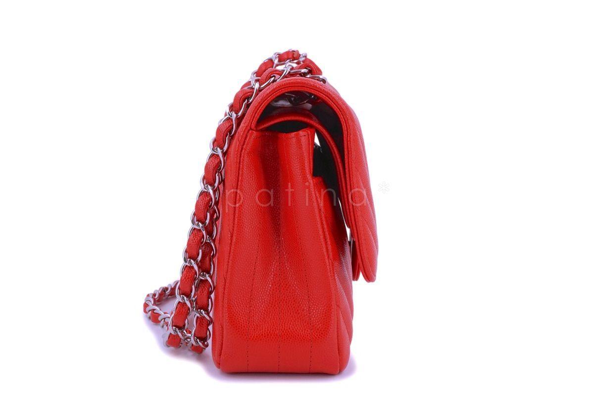 Chanel Red Caviar Medium Chevron Classic Double Flap Bag SHW