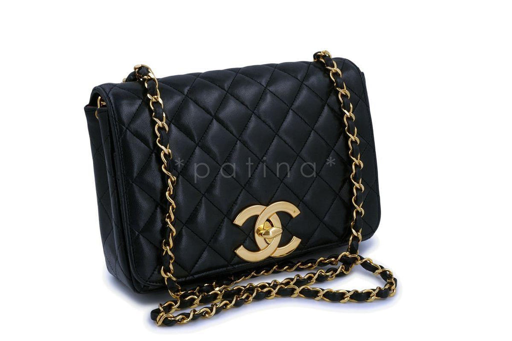 Rare Chanel Vintage Black Lambskin Full Flap Crossbody Bag 24k GHW