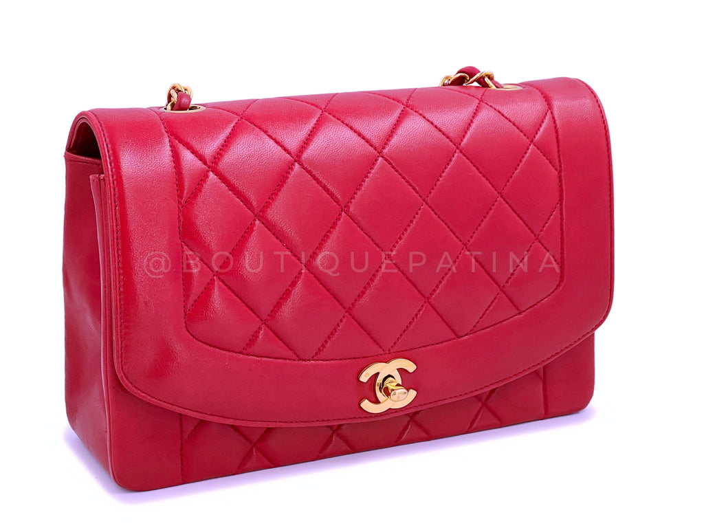 Chanel 1992 Vintage Red Diana Flap Bag Lambskin Medium 24k GHW