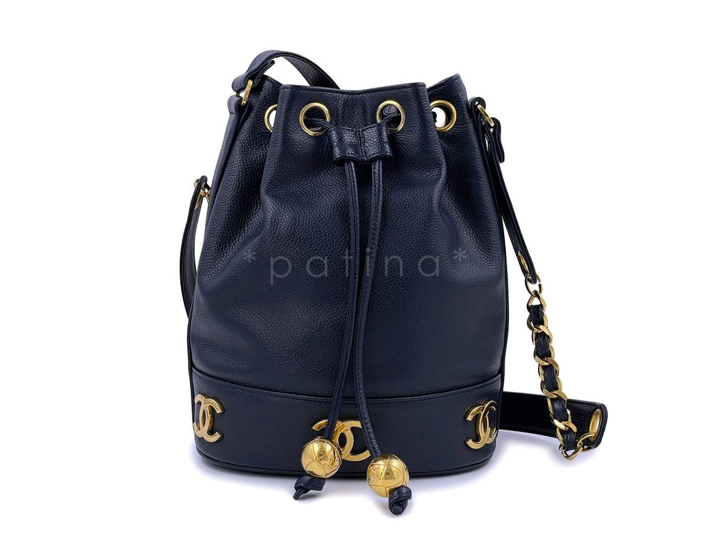 Chanel Vintage Navy Blue Caviar Small Classic Bucket Drawstring Bag 24k GHW