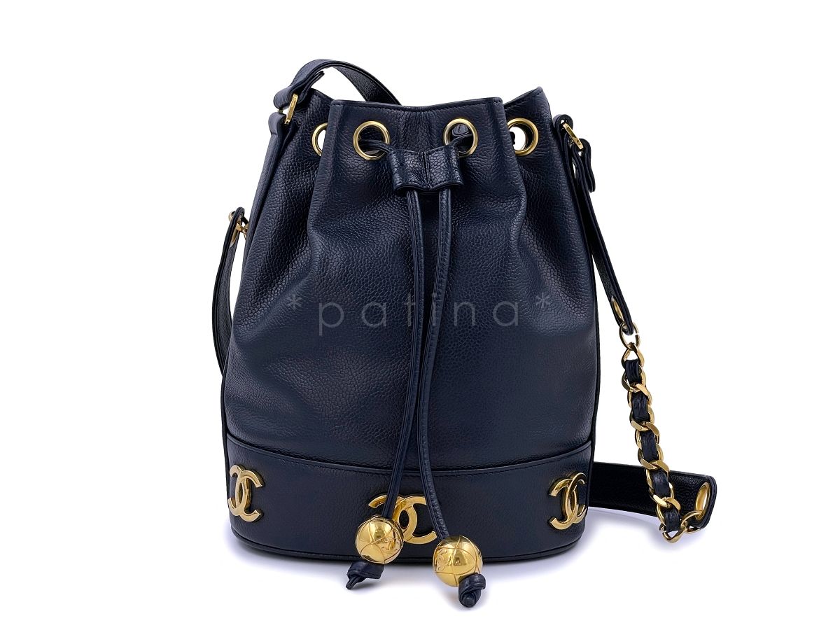 Chanel Vintage Navy Blue Caviar Small Classic Bucket Drawstring Bag 24k GHW