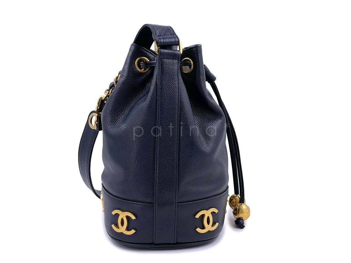 Chanel Vintage Navy Blue Caviar Small Classic Bucket Drawstring Bag 24k GHW