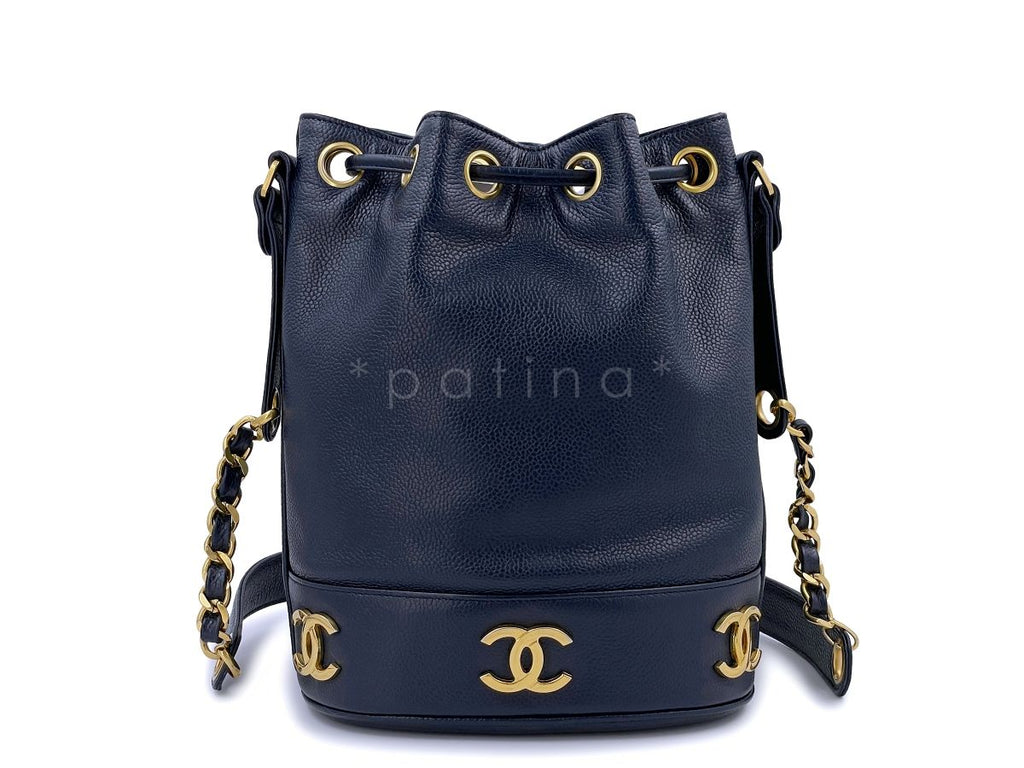 Chanel Vintage Navy Blue Caviar Small Classic Bucket Drawstring Bag 24k GHW