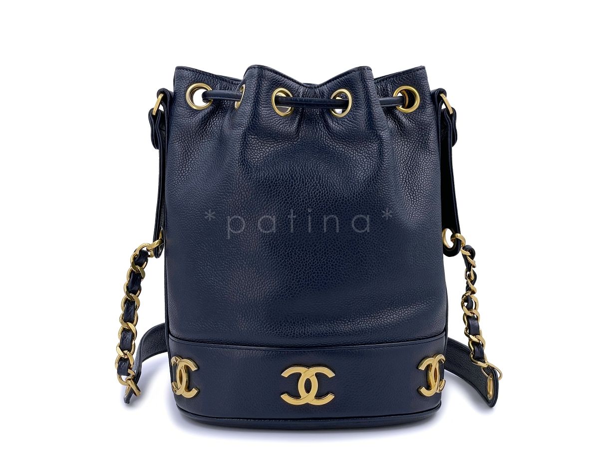 Chanel Vintage Navy Blue Caviar Small Classic Bucket Drawstring Bag 24k GHW