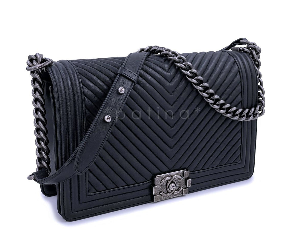 Chanel Black Herringbone Chevron New Medium Boy Bag RHW