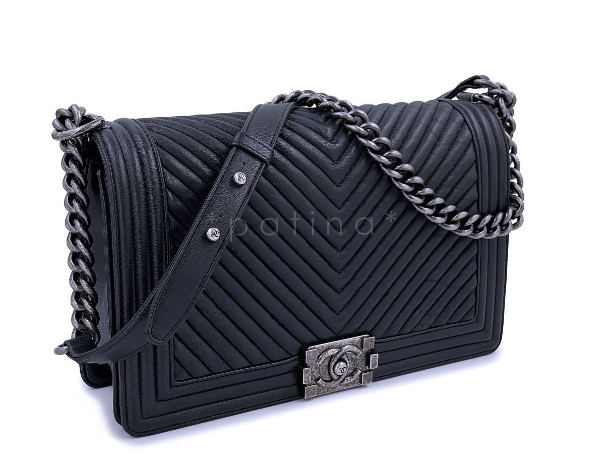Chanel Black Herringbone Chevron New Medium Boy Bag RHW