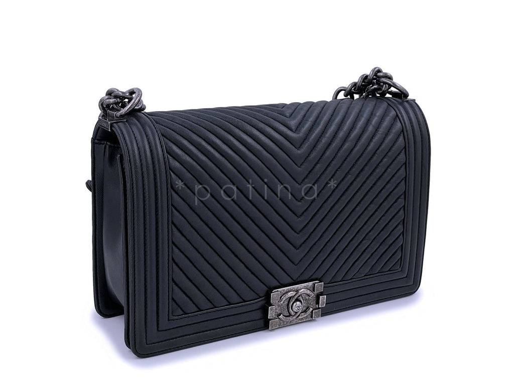 Chanel Black Herringbone Chevron New Medium Boy Bag RHW
