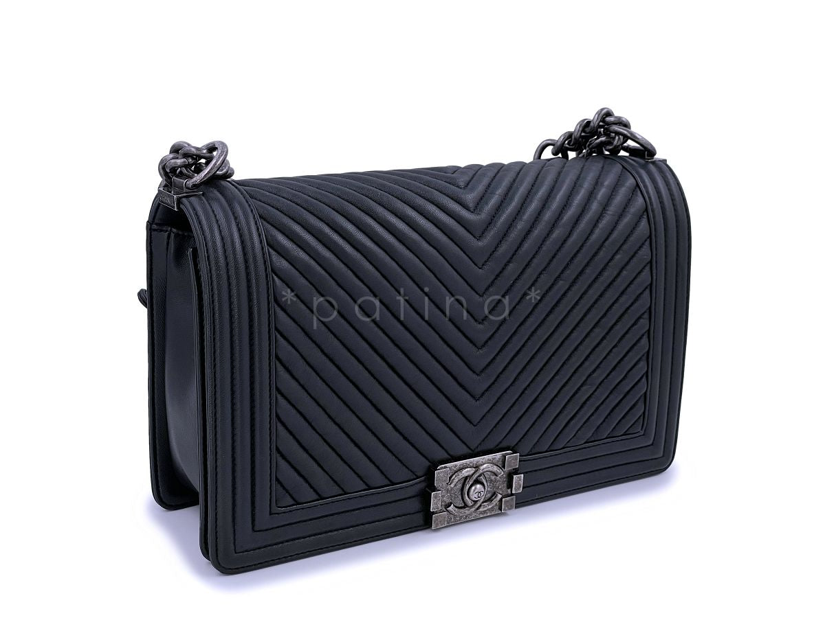 Chanel Black Herringbone Chevron New Medium Boy Bag RHW