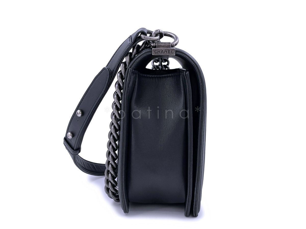 Chanel Black Herringbone Chevron New Medium Boy Bag RHW