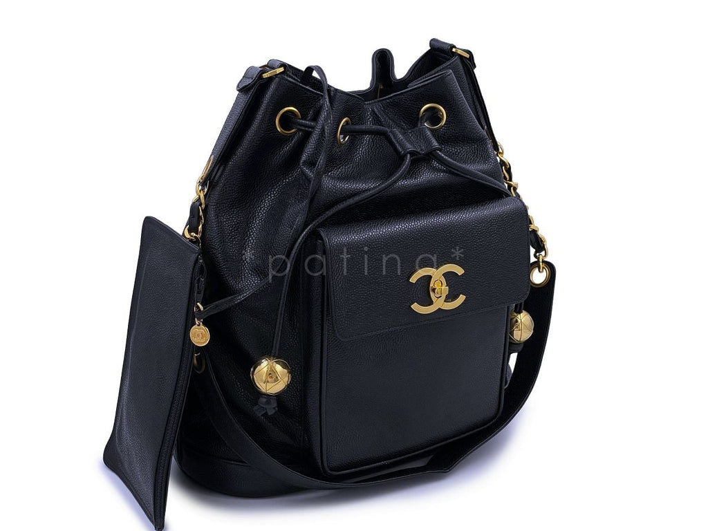 Rare Chanel 1994 Vintage Black Caviar Large Bucket Bag Front CC Pocket