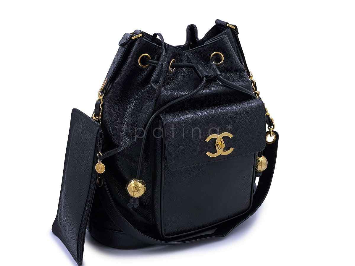 Rare Chanel 1994 Vintage Black Caviar Large Bucket Bag Front CC Pocket