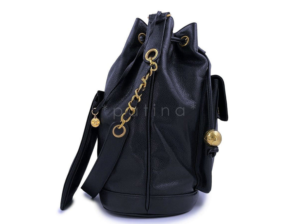 Rare Chanel 1994 Vintage Black Caviar Large Bucket Bag Front CC Pocket
