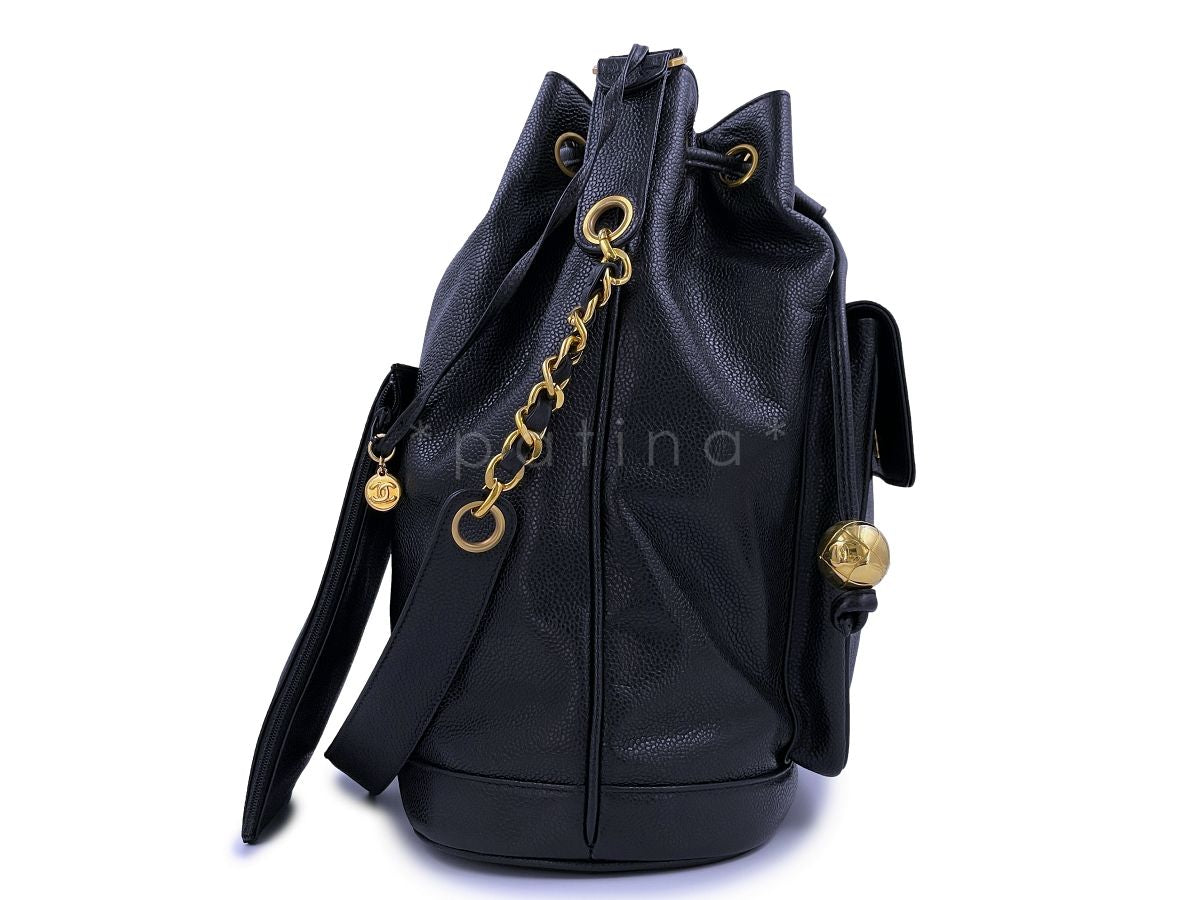 Rare Chanel 1994 Vintage Black Caviar Large Bucket Bag Front CC Pocket