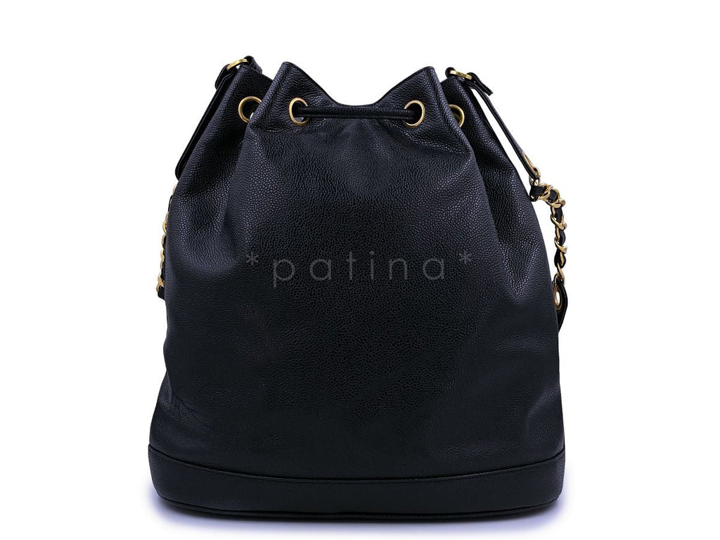 Rare Chanel 1994 Vintage Black Caviar Large Bucket Bag Front CC Pocket